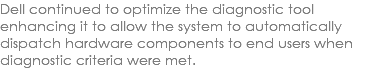 Dell continued to optimize the diagnostic tool enhancing it to allow the system to automatically dispatch hardware components to end users when diagnostic criteria were met.